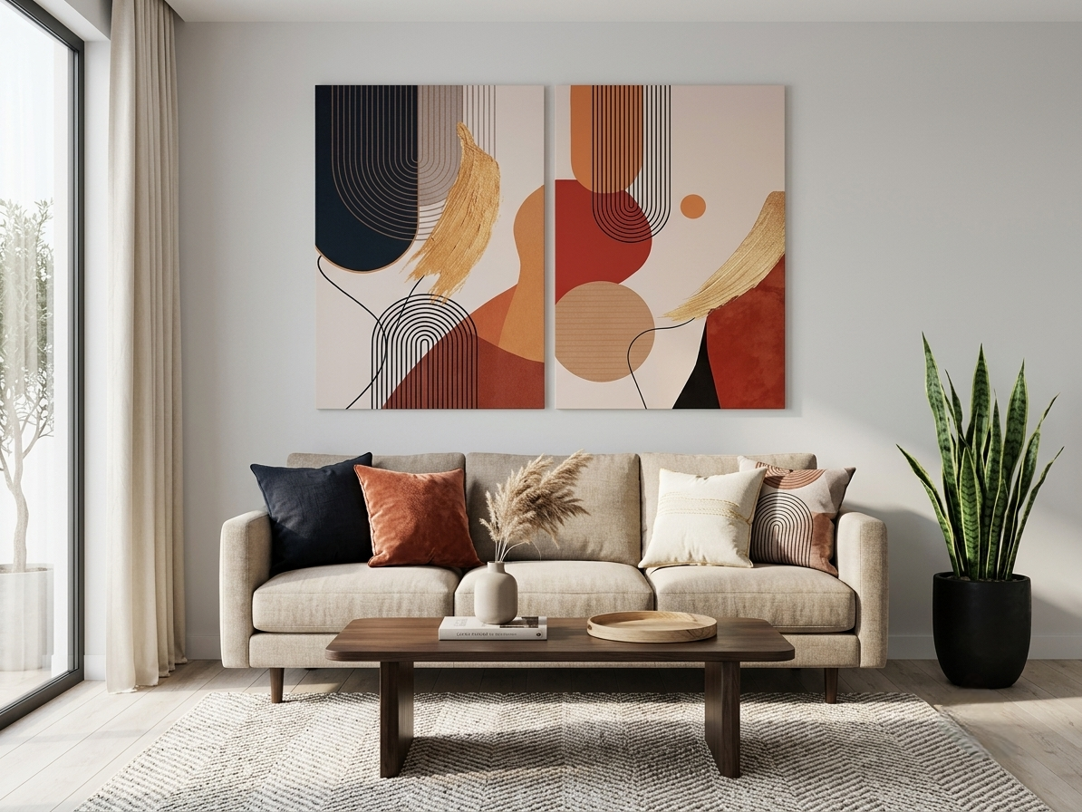 Bold Geometric Canvas Wall Art 2pc Set – Gold Accent Modern Décor