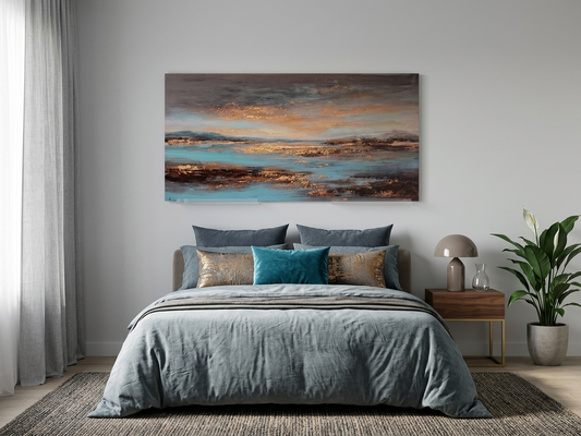 Golden Sky & Misty Lake Canvas Wall Art – Abstract Landscape Décor