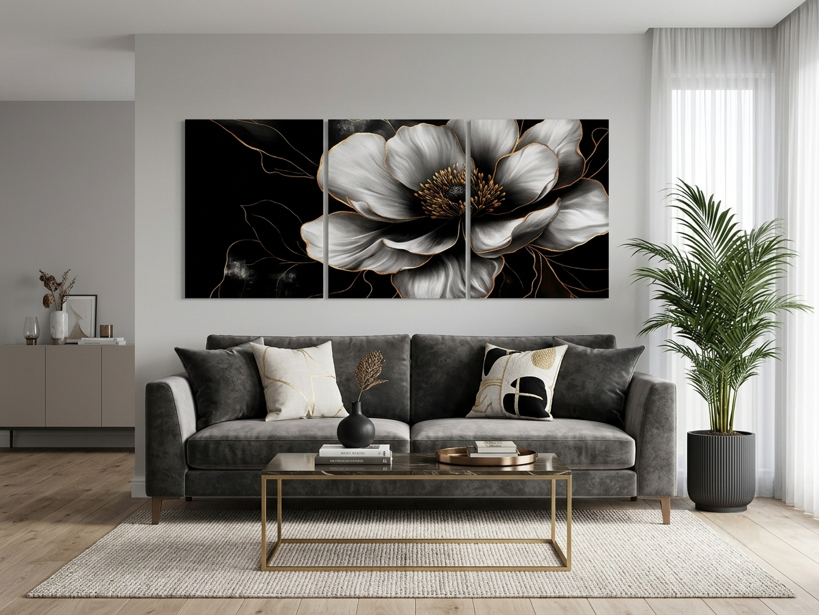 Elegant Black and Gold Floral Wall Art Set