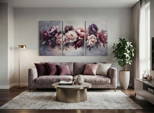 Purple Peony Floral Canvas Prints Wall Art Set