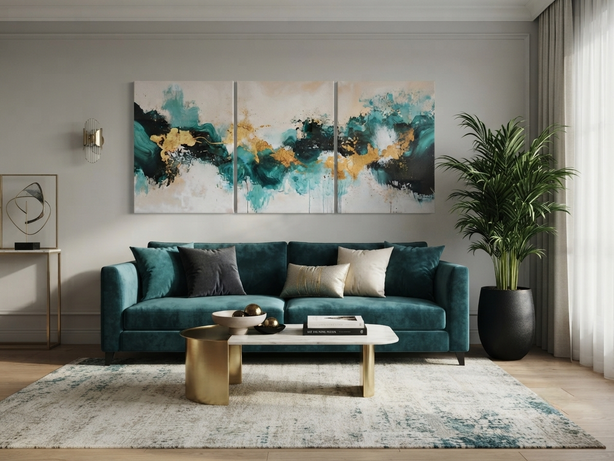 Coastal Abstract Teal & Gold Waves Canvas Print Wall Art