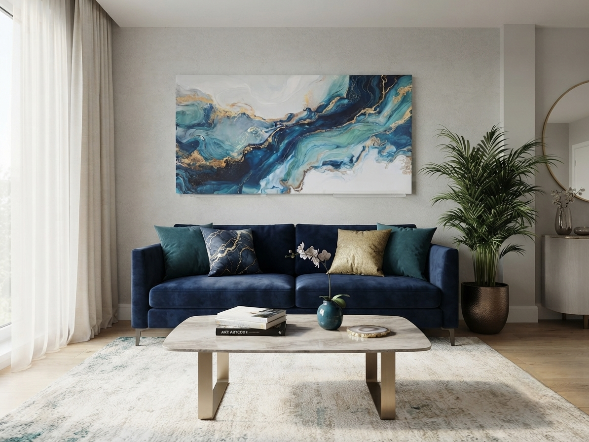 Blue & Gold Fluid Abstract Canvas Wall Art – Large Modern Statement Piece