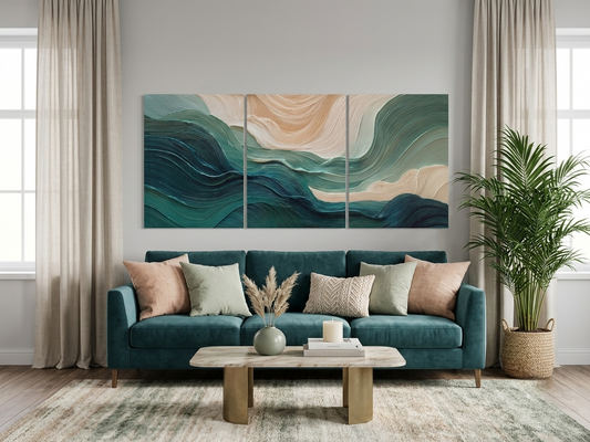 Teal Wave Abstract Canvas Print Wall Art Set