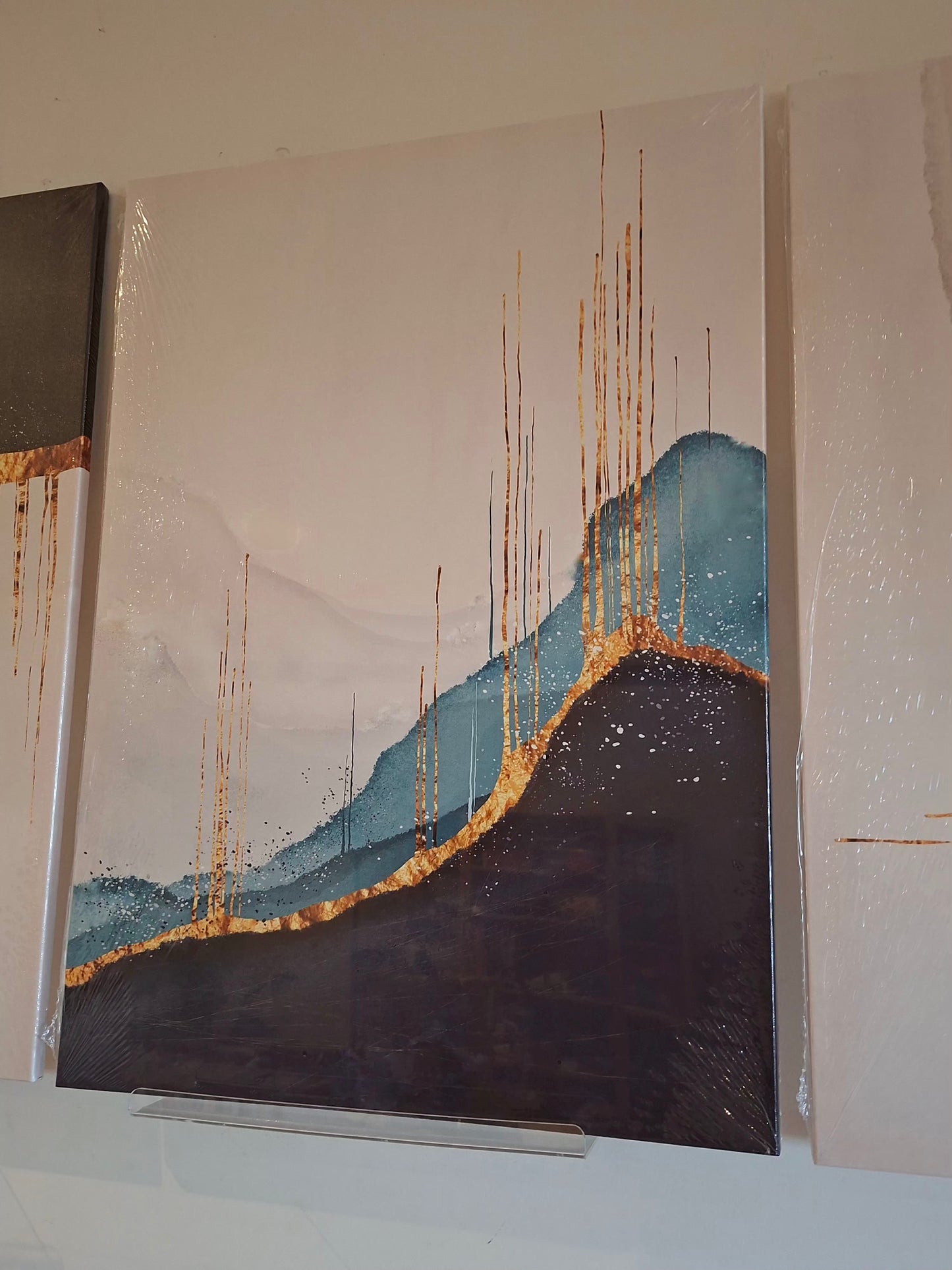 Modern Abstract Blue and Gold Canvas Wall Art Set