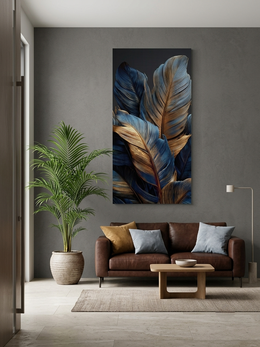 Elegant Blue & Gold Feather Canvas Print Wall Art - 1pc
