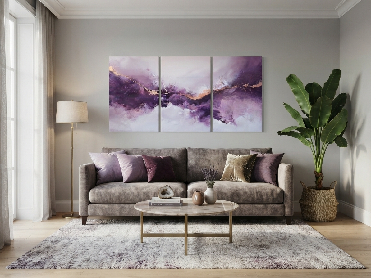 Purple & Gold Abstract Canvas Wall Art – Elegant Flowing Line Décor