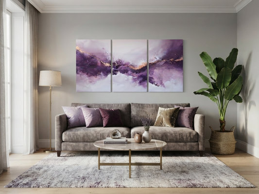 Purple & Gold Abstract Canvas Wall Art – Elegant Flowing Line Décor