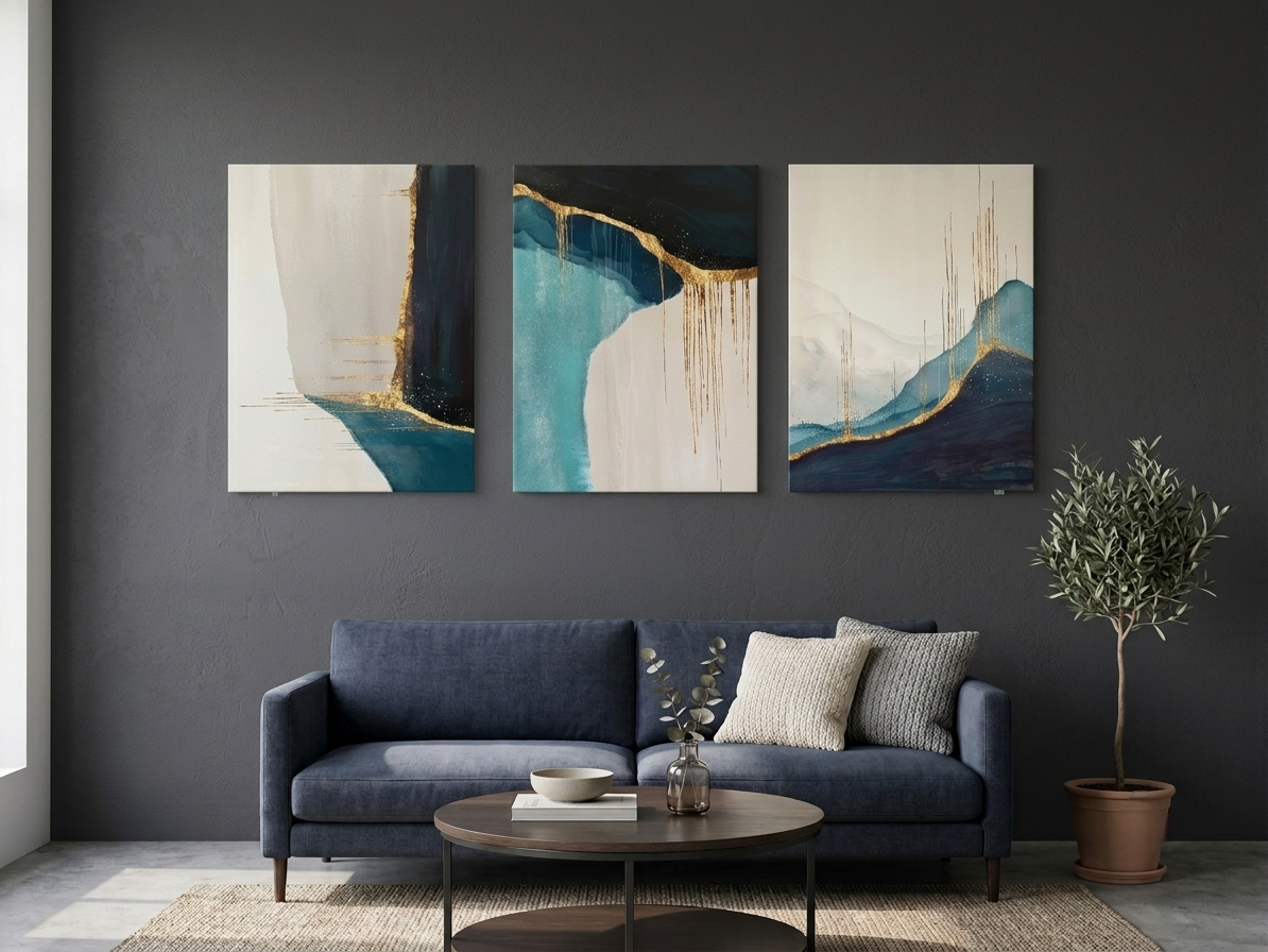 Modern Abstract Blue and Gold Canvas Wall Art Set
