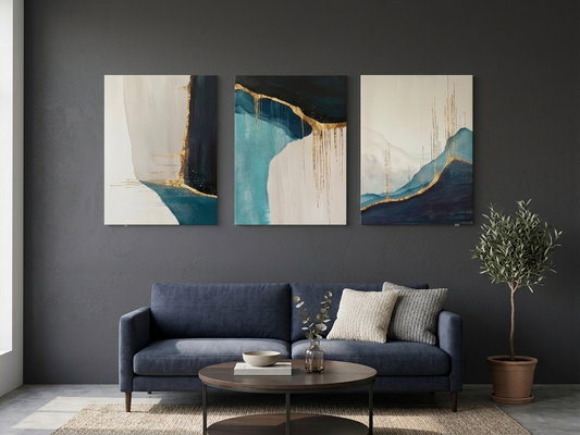 Modern Abstract Blue and Gold Canvas Wall Art Set