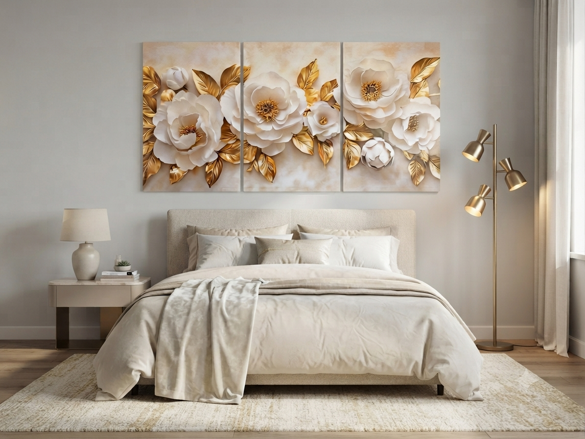 Modern White & Gold Floral Canvas Wall Art – Elegant Home Décor Set