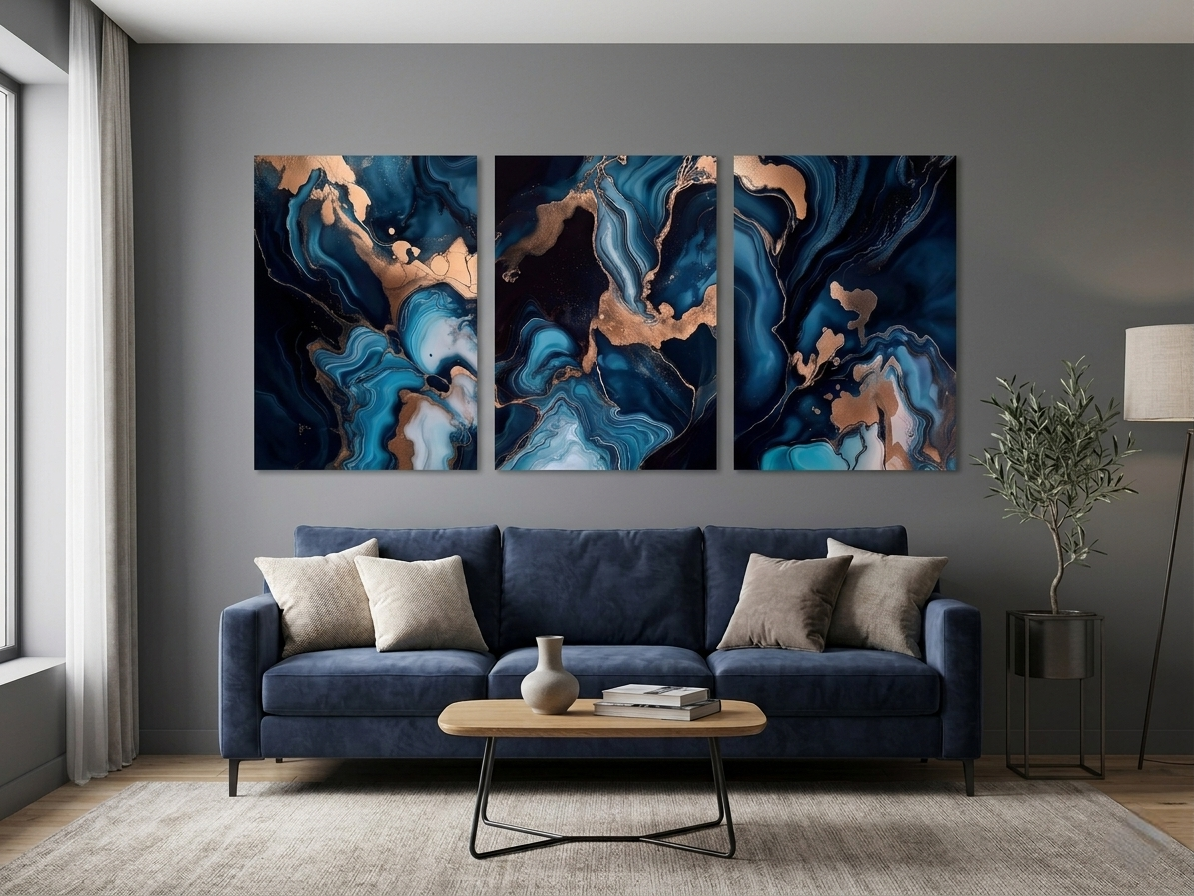 Navy Blue & Gold Marble Abstract Wall Art