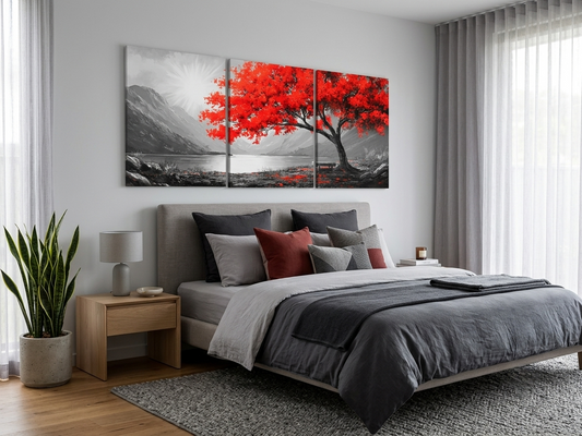 Retro-Inspired Monochrome Mountain Lake Canvas Print with Red Foliage