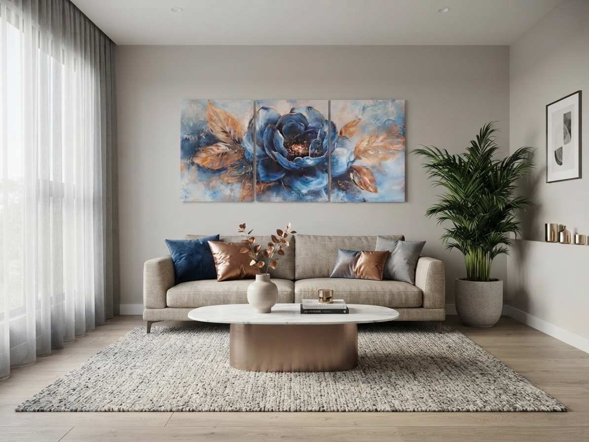 Golden Leaves & Blue Blossom Canvas Wall Art – Luxe Romantic Décor