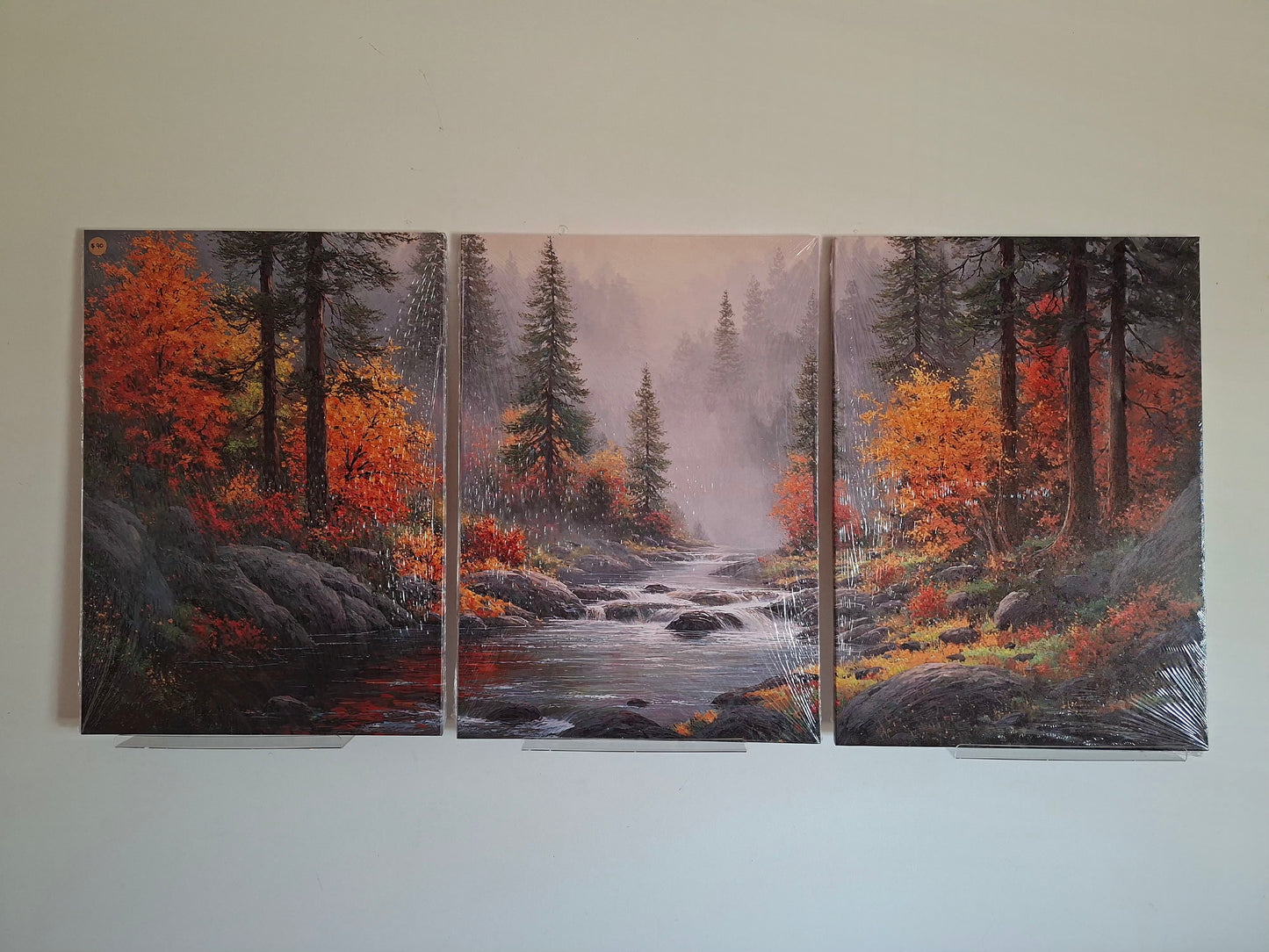 Autumn Landscape Wall Art – Misty Forest & Waterfall Canvas Set