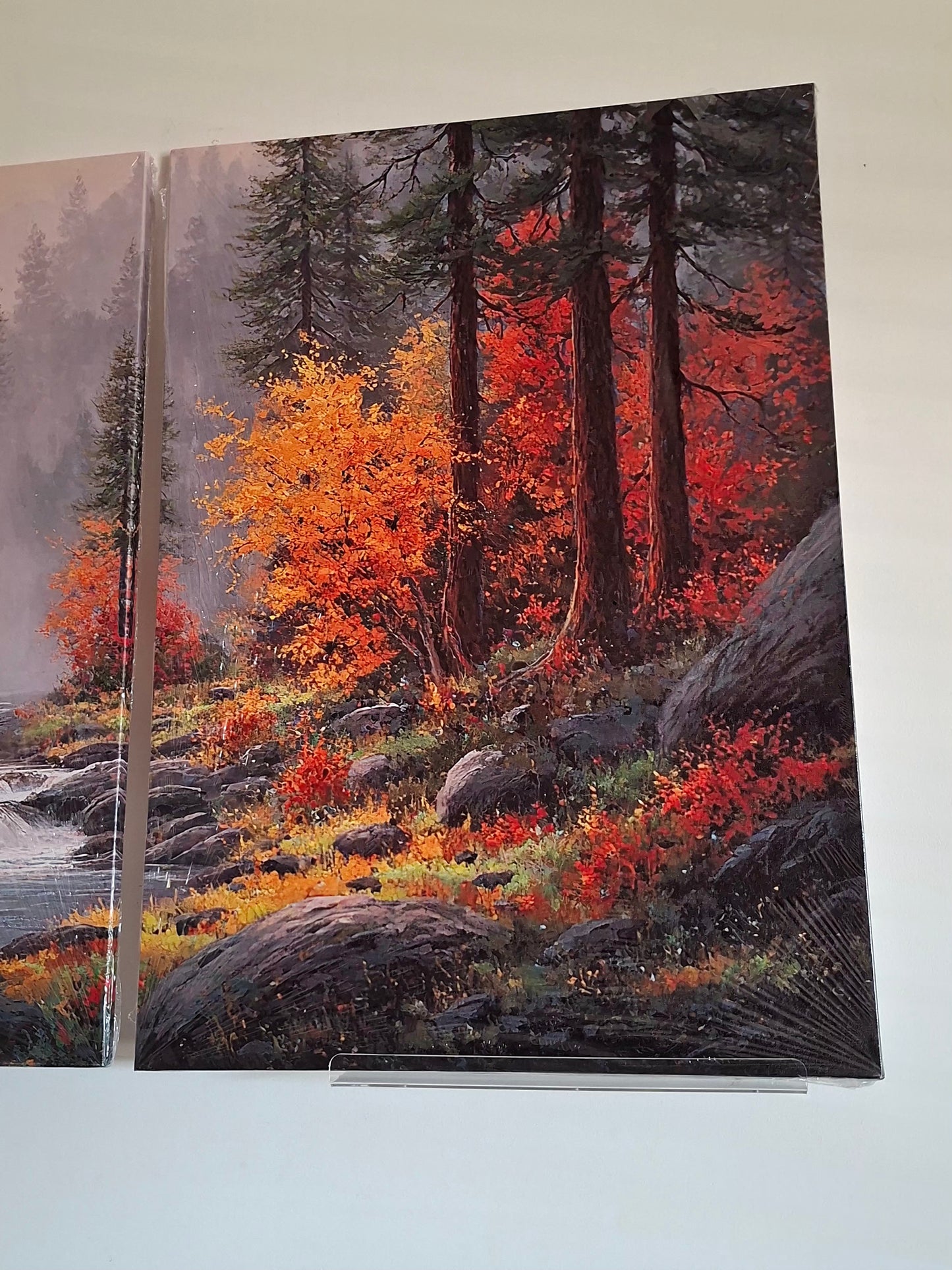 Autumn Landscape Wall Art – Misty Forest & Waterfall Canvas Set