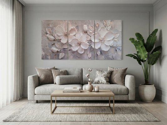 White Blossom Canvas Wall Art – Grey Textured Look Floral Elegance