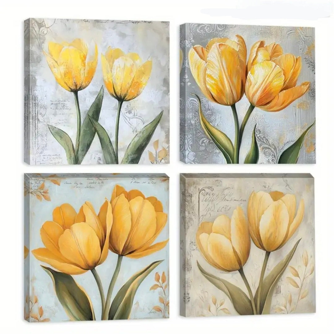 Soft Yellow Tulip Botanical Canvas Wall Art Set