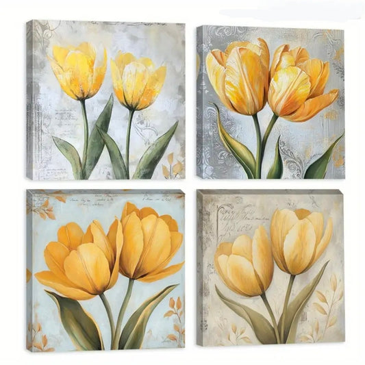Soft Yellow Tulip Botanical Canvas Wall Art Set