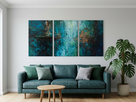Teal Abstract Canvas Wall Art Set – Moody Textured Modern Décor