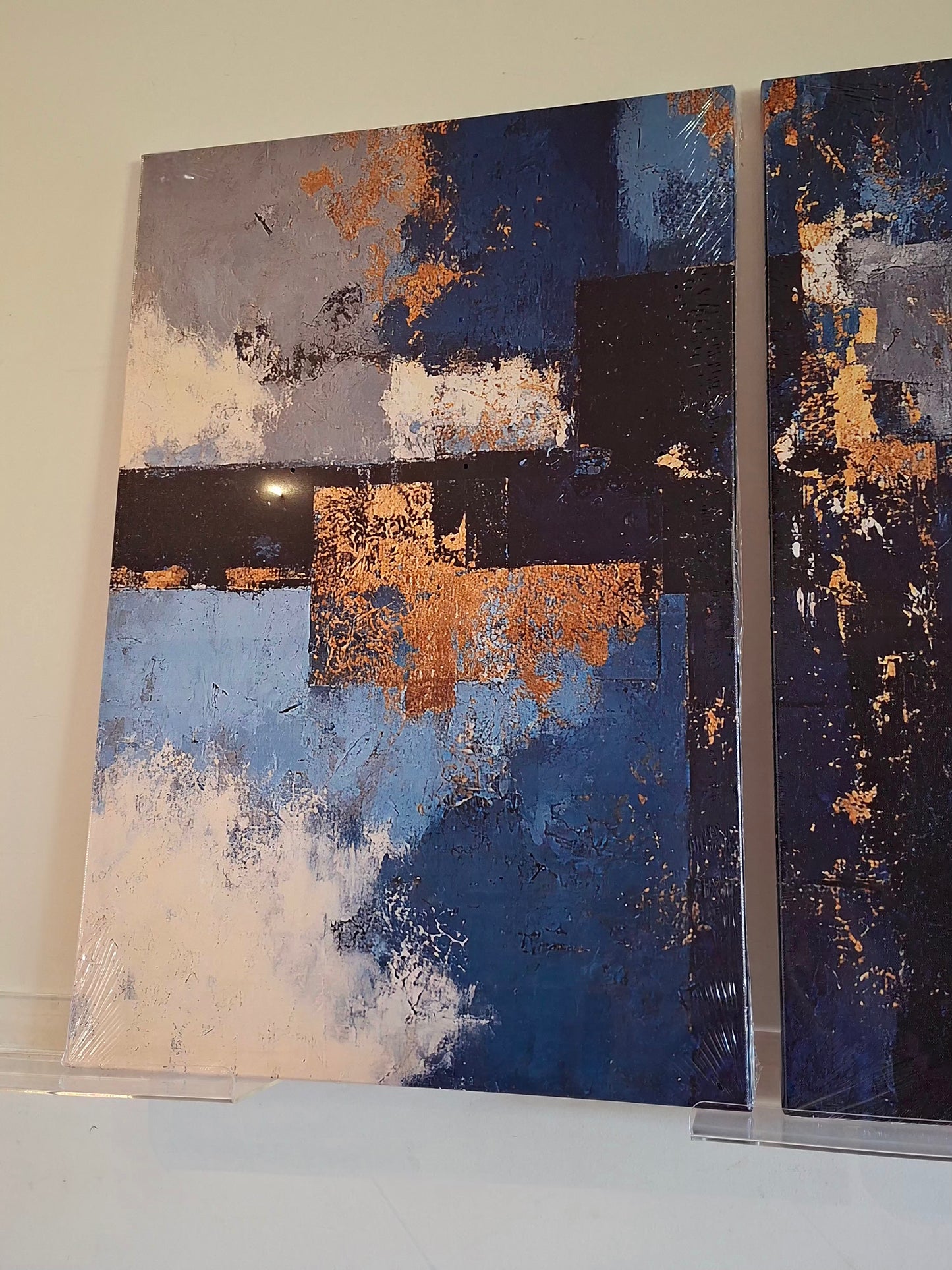 Blue Geometric & Gold Abstract Wall Art Set