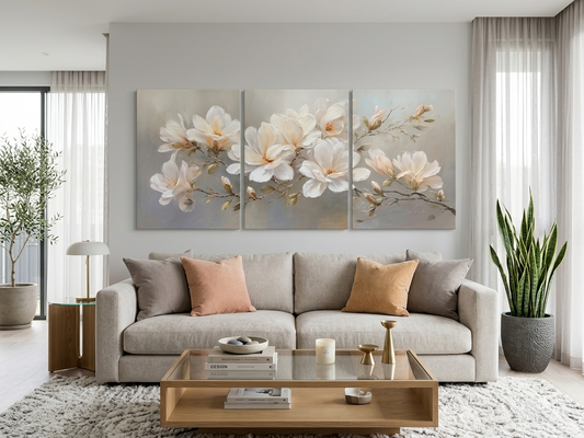Soft Floral White Bloom Canvas Print Wall Art Set