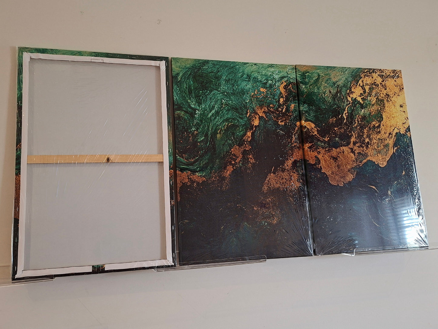 Emerald Green & Gold Fluid Abstract Canvas Wall Art Set