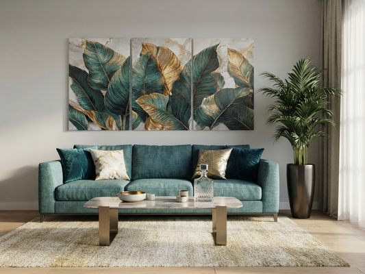 Tropical Monstera & Palm Wall Art – Green & Gold Luxury Botanical Canvas Set