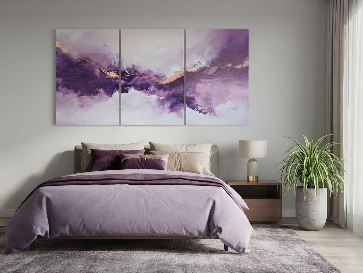 Purple & Gold Abstract Canvas Wall Art – Elegant Flowing Line Décor