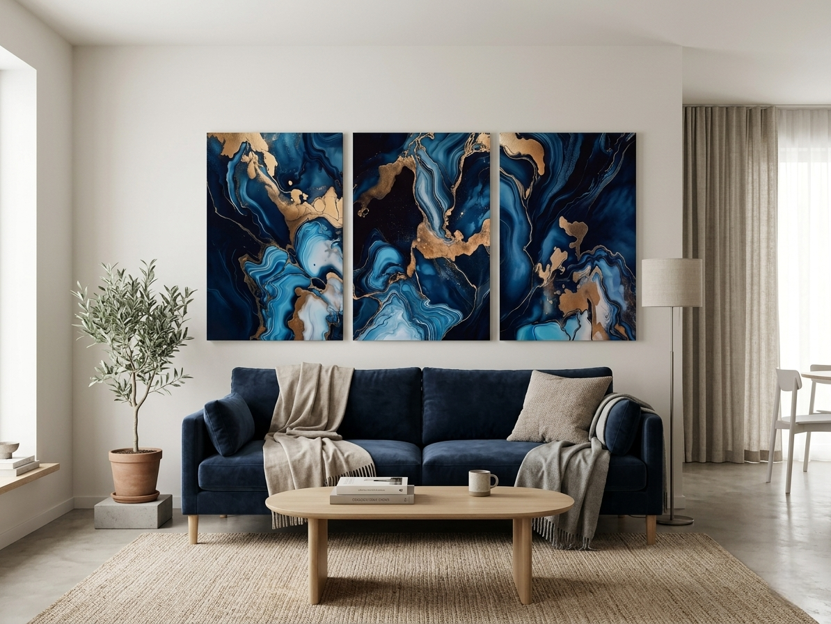 Navy Blue & Gold Marble Abstract Wall Art