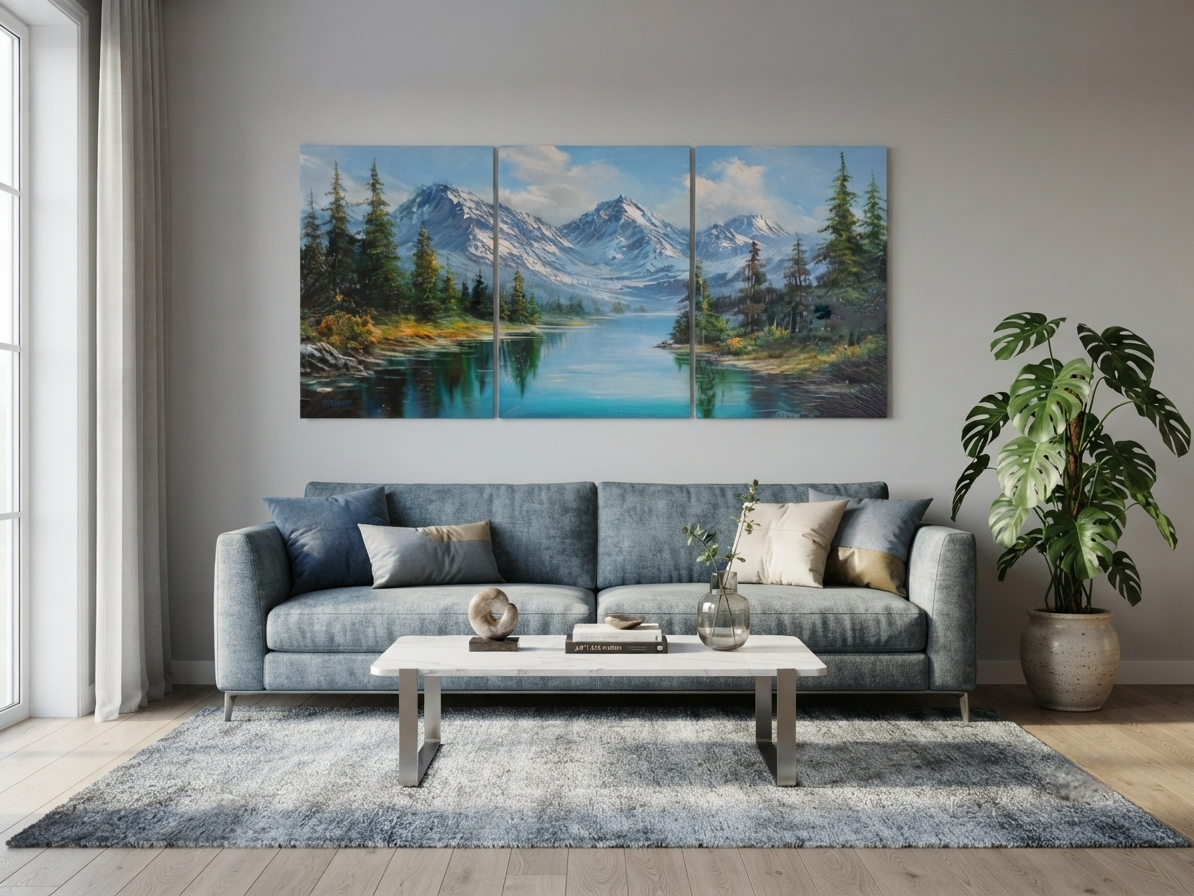 Snowy Mountain Landscape Canvas Prints with Forest Lake Scenery