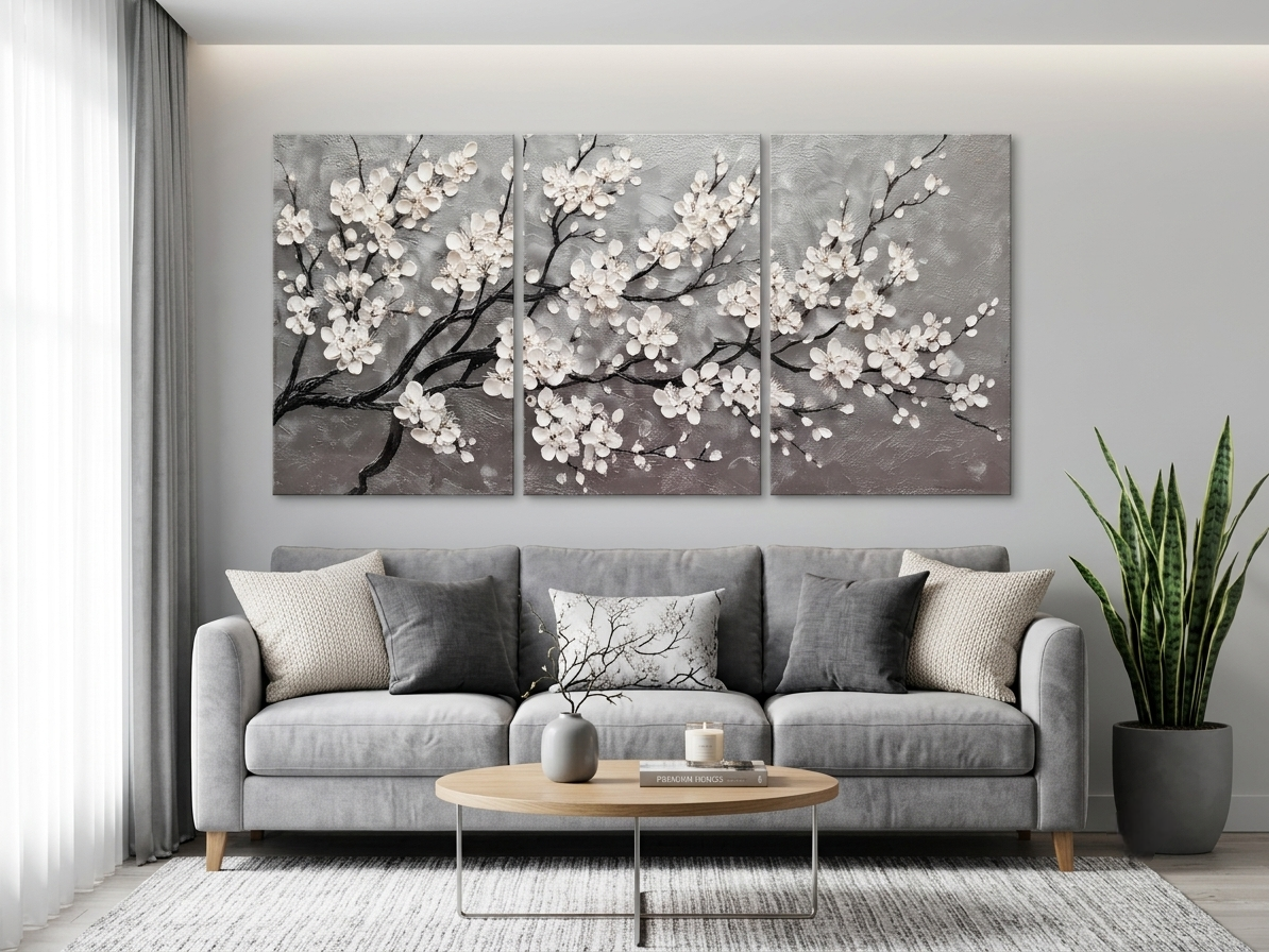White Blossom Canvas Wall Art – Metallic Floral Elegance Décor