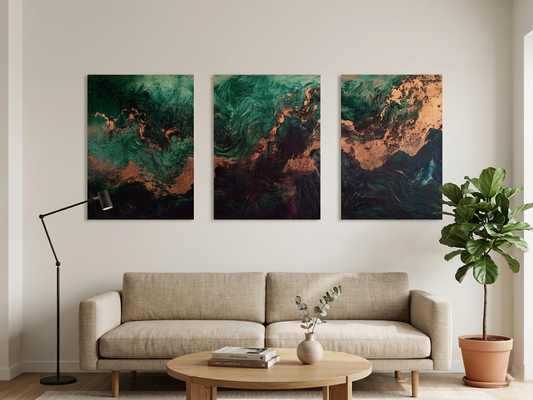 Emerald Green & Gold Fluid Abstract Canvas Wall Art Set