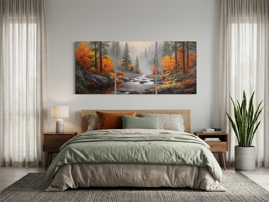 Autumn Landscape Wall Art – Misty Forest & Waterfall Canvas Set