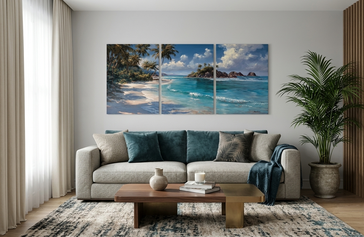 Tropical Beach Wall Art – Palm Trees & Ocean Waves Canvas Set